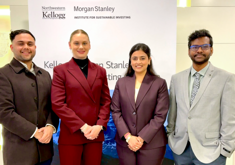 The Fletcher team poses before a step and repeat at the Kellogg-Morgan Stanley Sustainable Investing Challenge.