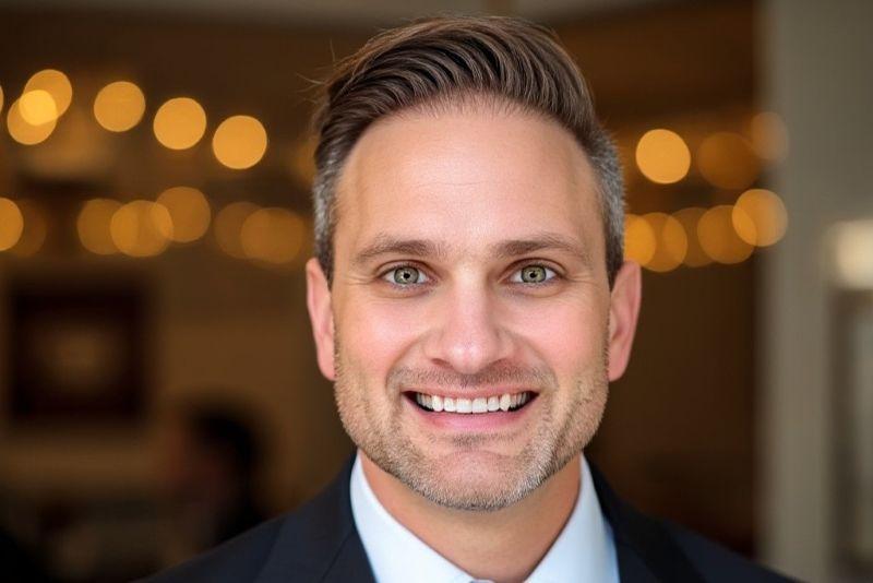 A headshot of Mike Stahala, smiling, in front of a blurred &amp; illuminated background.