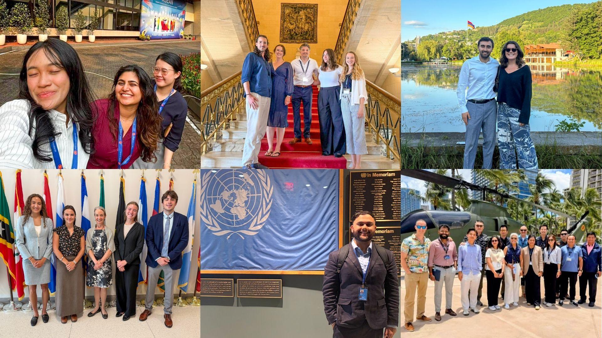 A composite image of six Fletcher students at their summer internships around the world.