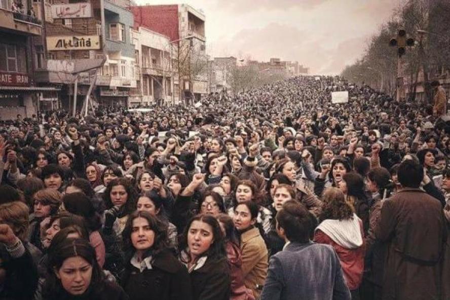 Pictured: Iranians protest hijab laws on International Women's Day, 1979