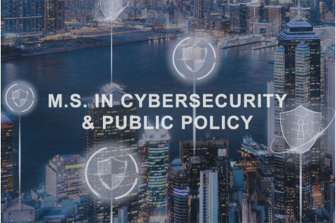 MS in Cybersecurity and Public Policy text with city in background
