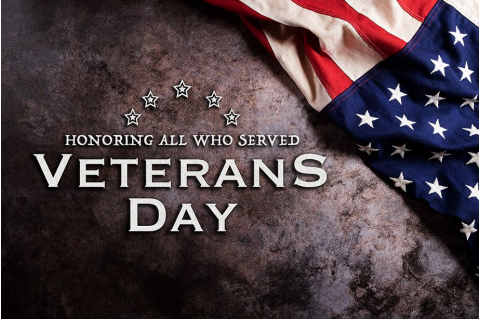 American flag honoring Veterans Day text