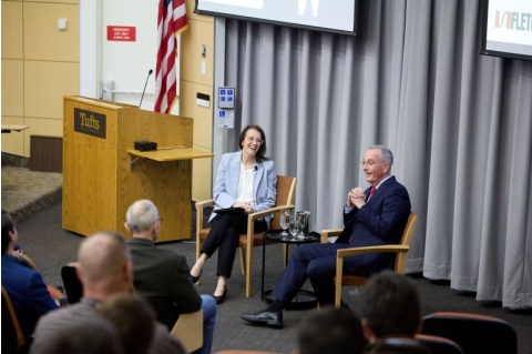 General Dunford and Academic Dean Kelly Sims Gallagher speak, seated, in front of the audience