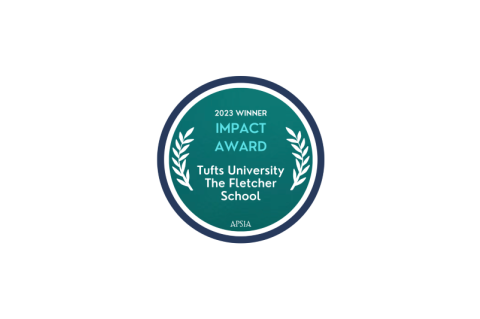 Teal APSIA badge inscribed, "2023 Winner Impact Award: Tufts University The Fletcher School"