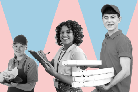 Three young people working in food delivery and office jobs. Tufts alumni, faculty, and staff recount their first jobs, and the connections they made that sometimes lasted a lifetime 