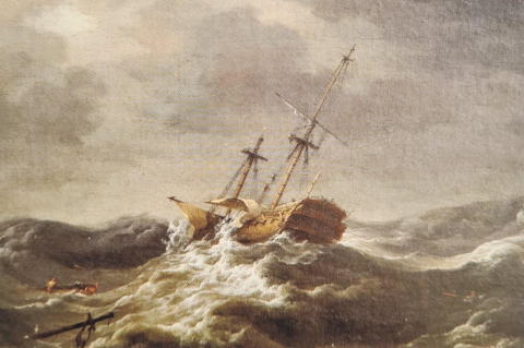 A painting of a wooden ship keeling over in high waves. In his latest book, The Wager, David Grann spins a yarn of desperation, mutiny, and astounding resilience.