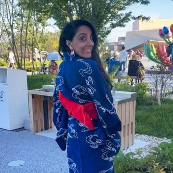 Eshani Chakrabarti poses for a picture outdoors while wearing a yukata.
