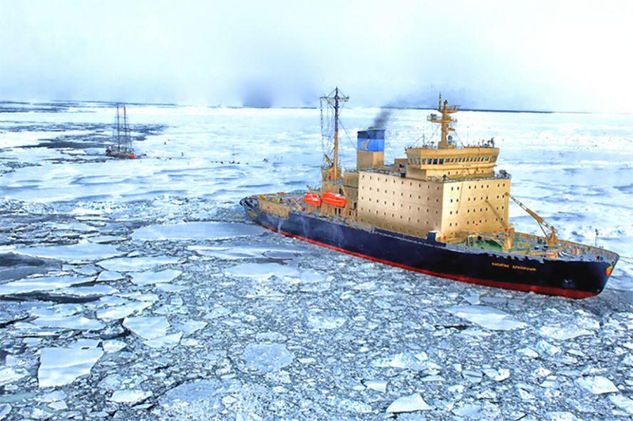 Ice breaker ship moving through ice