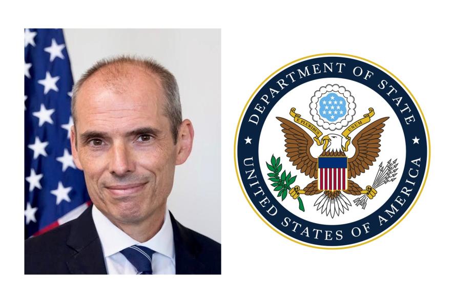 A composite image, which includes a headshot of Daniel Lagenkamp beside the U.S. State Department seal