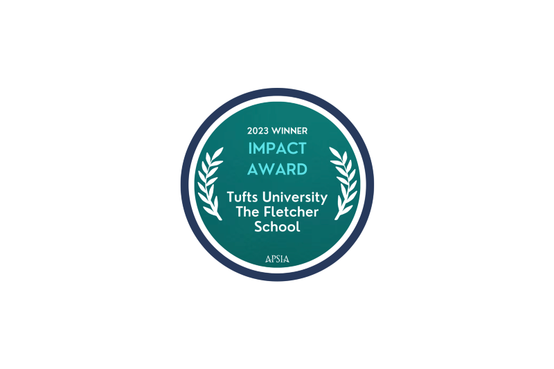 Teal APSIA badge inscribed, "2023 Winner Impact Award: Tufts University The Fletcher School"