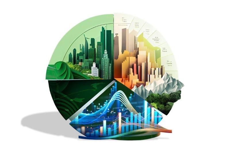A colorful pie chart depicts bridges and cityscapes.