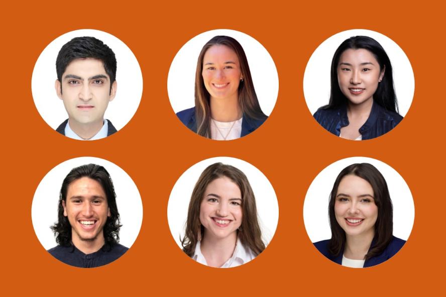 A composite image featuring all six Fletcher students' headshots in front of an orange backdrop.