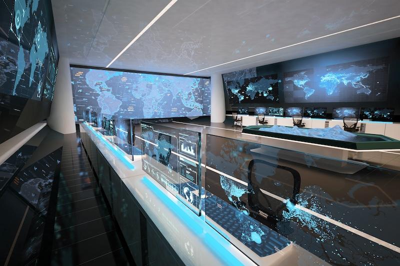 A control room illuminated with various world maps.