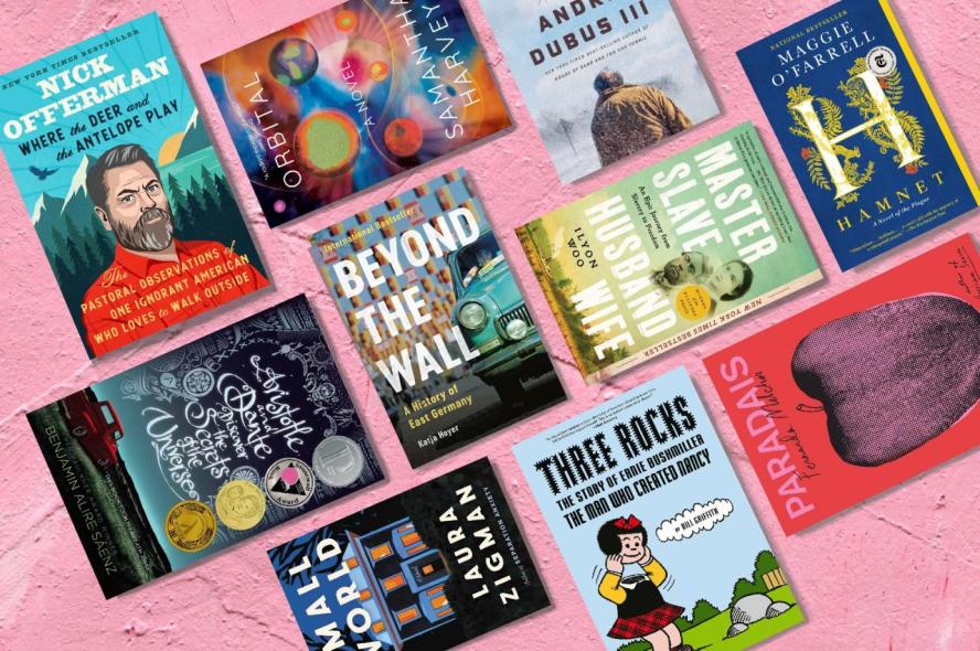 A collage of 10 book covers against a pink background, The summer book recommendations for 2024 from the Tufts community, fiction and nonfiction.