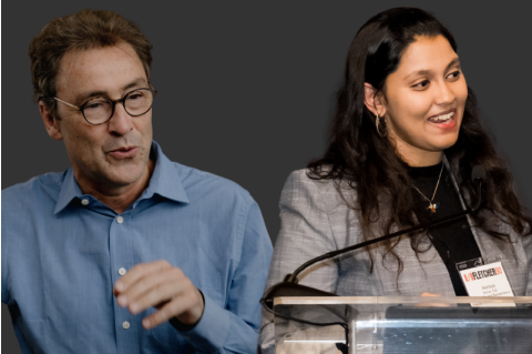 Headshots of David Harland and Akshaya Mohan speaking in front of a gray background