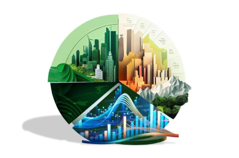 A colorful pie chart depicts bridges and cityscapes. 