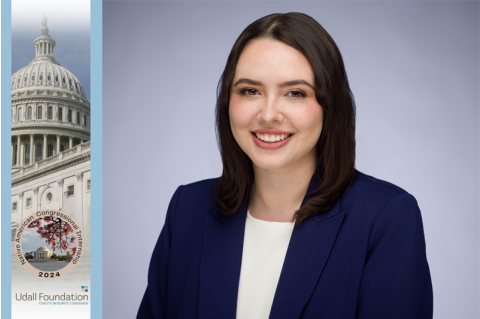 A headshot of Natasha Frazier accompanied by an image of the U.S. Capitol with the text: "Native American Congressional Internship 2024, Udall Foundation"