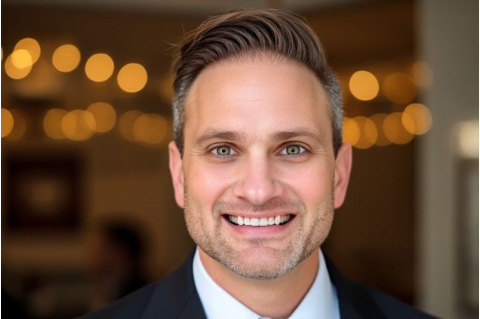 A headshot of Mike Stahala, smiling, in front of a blurred & illuminated background.