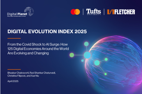 Cover imagery featuring a blue and purple visualization of the globe and the text, "Digital Evolution Index 2025: From the Covid Shock to AI Surge: How 125 Digital Economies Around the World Are Evolving and Changing"
