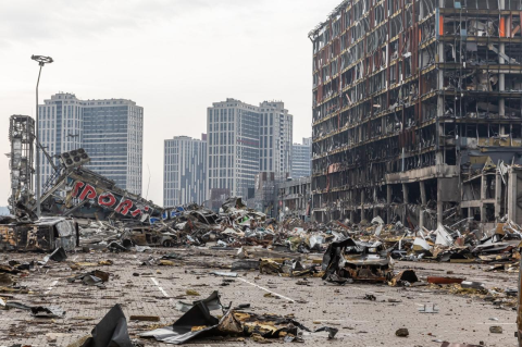 A shopping center bombed by Russian forces in Kyiv in late March. Putin’s political future depends on controlling Ukraine, so he has little incentive to make peace, writes a Tufts professor of international politics 