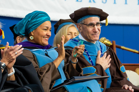 Tony Monaco and Amina J. Mohammed on stage during 2023 Commencement