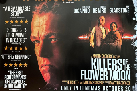 movie poster for Killers of the Flower Moon, with words &quot;A Masterpiece&quot; across the top